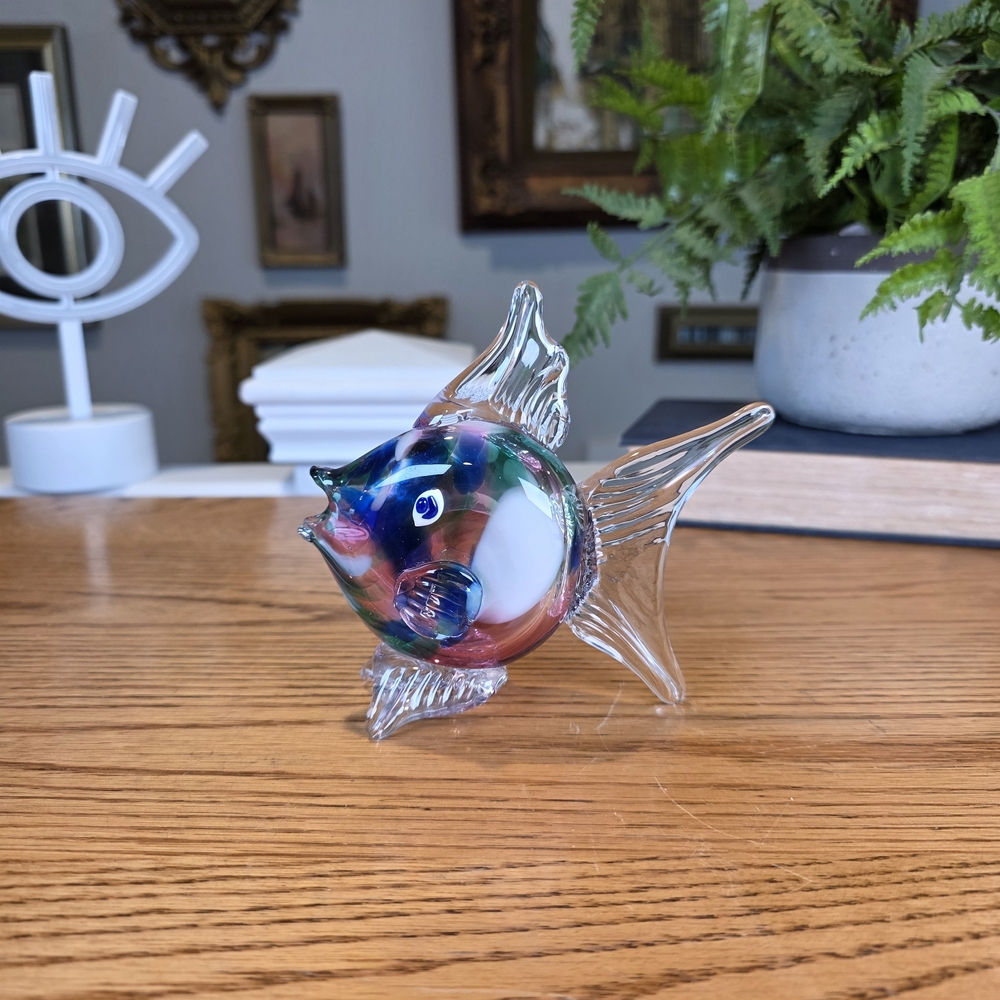 Vintage Art Glass Fish Figurine - Colorful Multi-Color Swirl MCM Decor - 5"